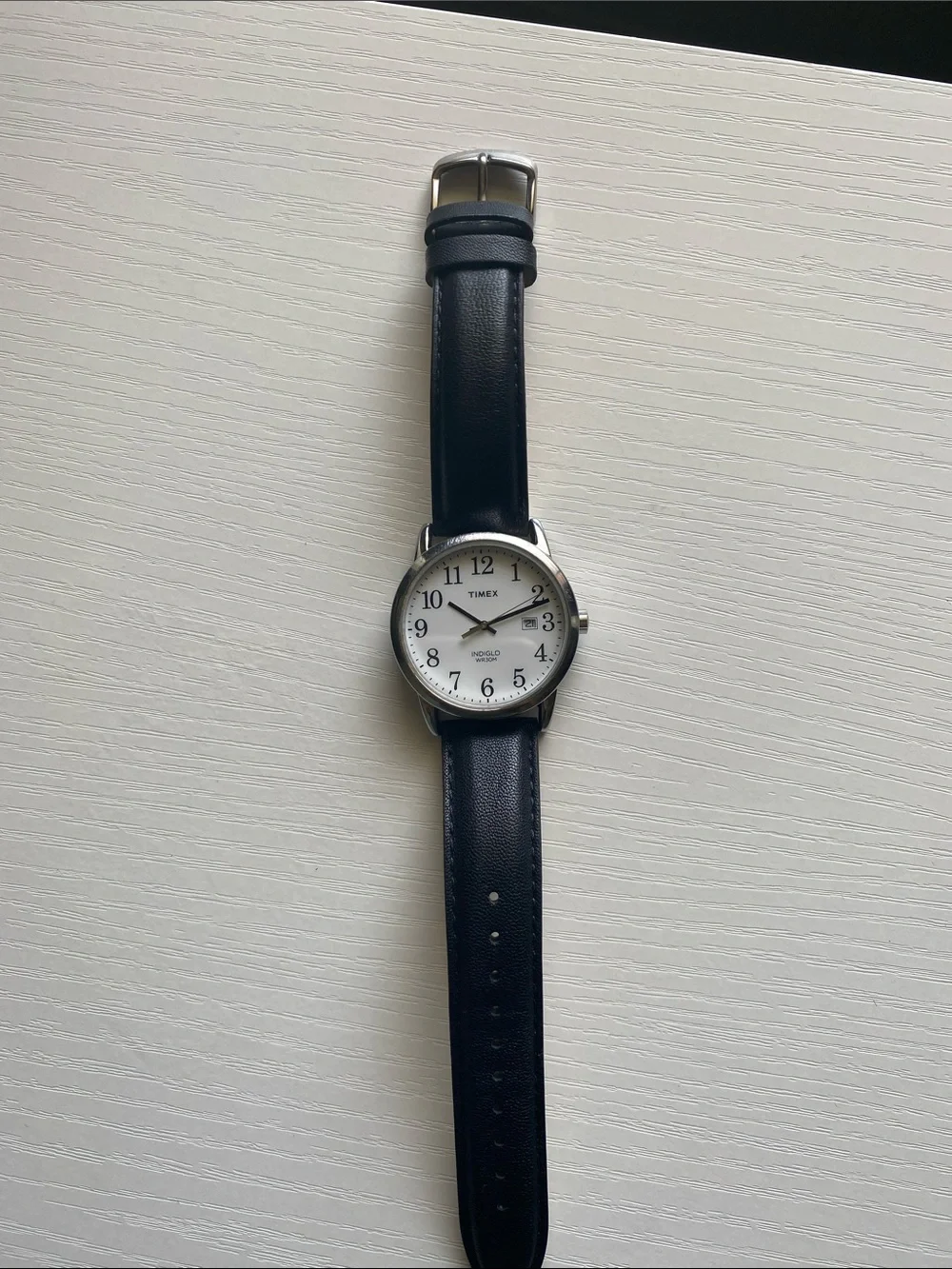 Timex Silver Case Watch with Black Leather Strap and White Dial